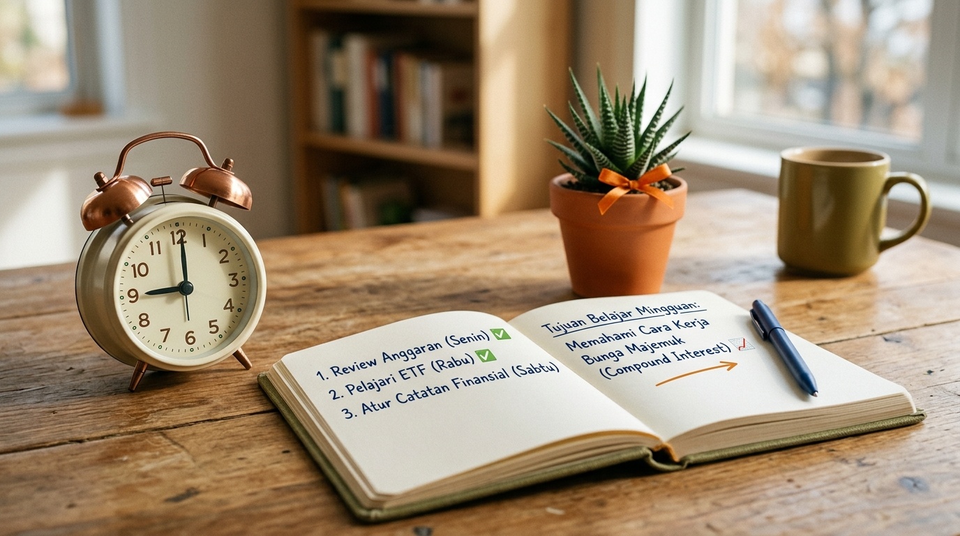Jam weker kecil dan buku catatan terbuka di sudut meja menyimbolkan rutinitas belajar finansial.