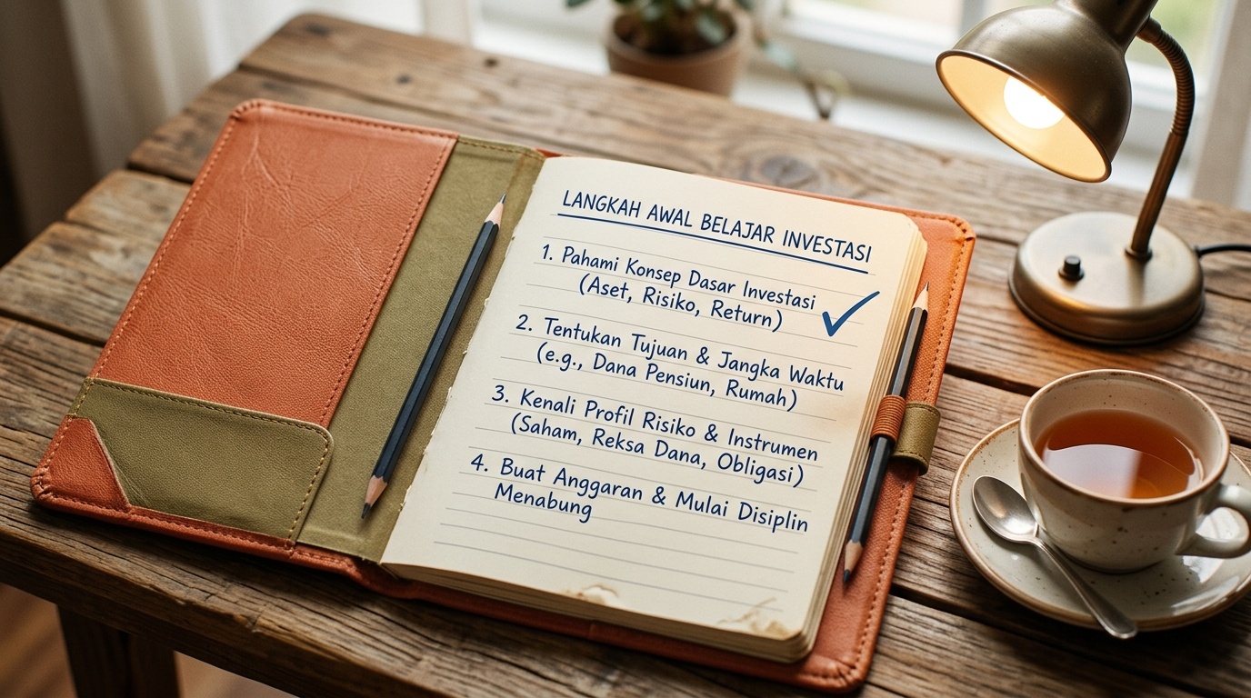 Buku catatan terbuka di meja kayu dengan pensil menandai halaman materi dasar investasi.